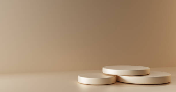 istock Round stepped podium or pedestal on beige background. Template empty stone stage or platform for product ad presentation cosmetics. Minimal studio room in pastel colors, perspective view, 3d render 1354771801