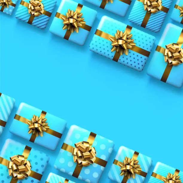 Vector illustration of Blue gift boxes with golden bows.