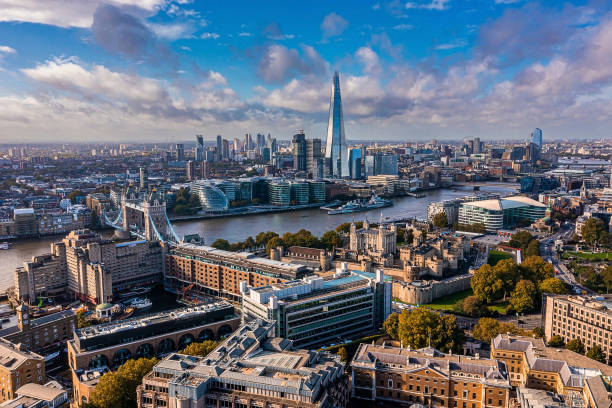 Aerial panoramic scene of the London city financial district Aerial panoramic scene of the London city financial district with many iconic skyscrapers near river Thames. architecture capital cities glass pattern stock pictures, royalty-free photos & images