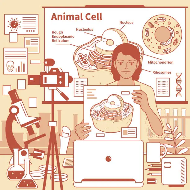 Vector illustration of Young female teacher (Scientist, Biologist) is remotely teaching biology (online class and scientific experiment) using laptop and camera and whiteboard at laboratory (classroom), e-learning and telecommuting concept