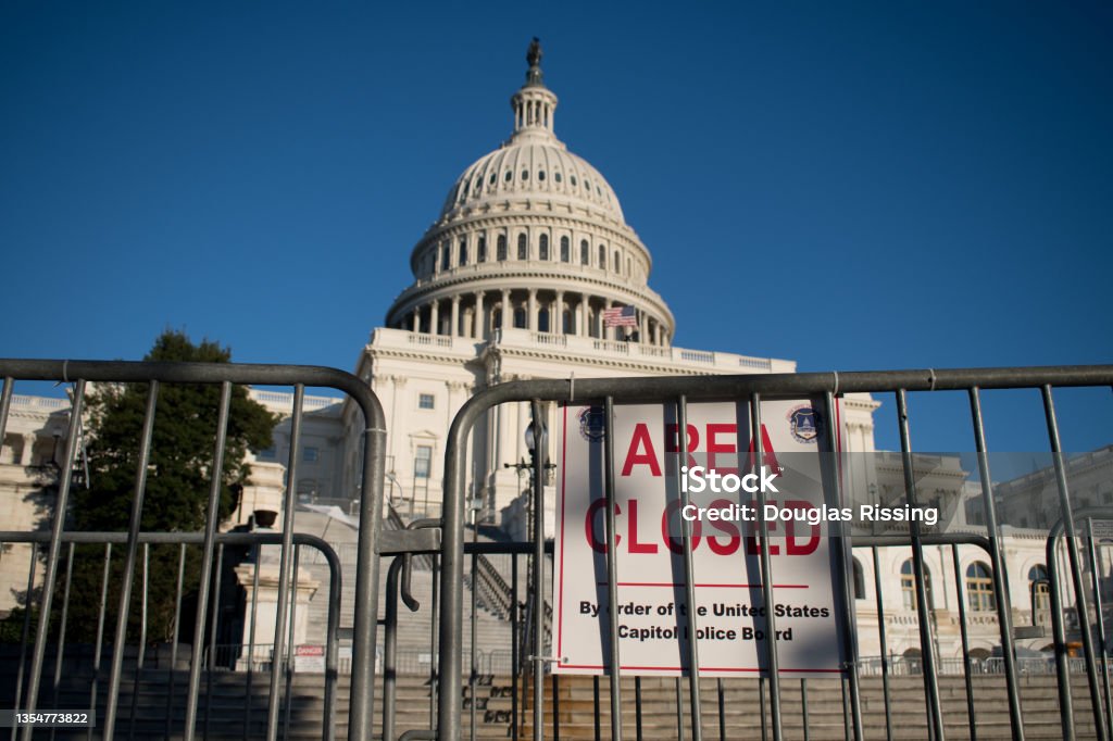 Area Closed Sign- Capitol Building, Washington D.C. - Security Risk Post January 6th Riot Area Closed - Capitol Building, Washington D.C. - Security Risk Post January 6th Riot Capitol Building - Washington DC Stock Photo
