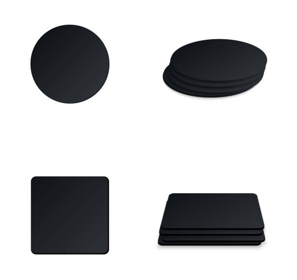 Circle and square beer coaster. Empty black mockup. Pprotection coaster for beer glasses, tea cups isolated on white background. Branding template vector illustration. Circle and square beer coaster. Empty black mockup. Pprotection coaster for beer glasses, tea cups isolated on white background. Branding template vector illustration leather coasters stock illustrations