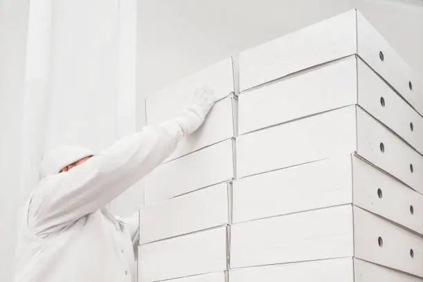 Warehouse Worker Puts Cardboard Box .Man placing a carton box on a pile.Checking stock. Shipment boxes. Warehousing storage.Warehouse worker sorting shipment boxes. Distribution Logistics Center.