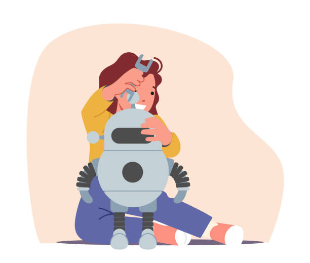 Child Character Enjoying Science Lesson, Create Engineering Project, Programming Smart Robot at Class or Workshop Child Character Enjoying Science Lesson, Create Engineering Project, Programming Smart Robot at Class or Workshop. Little Girl Having Fun Making Cyborg in School. Cartoon People Vector Illustration child robot class stock illustrations