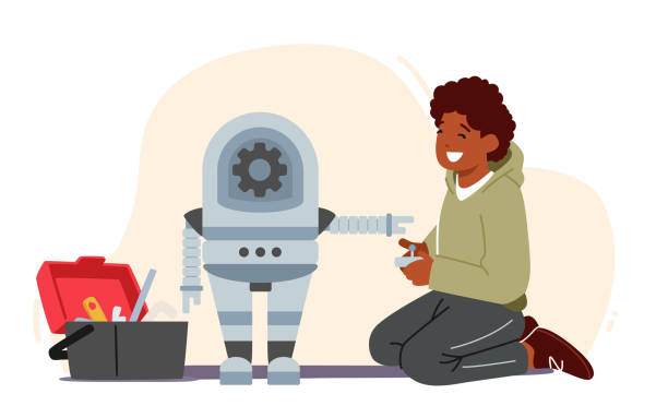 Little Boy Character Study Robotics Technology. Engineering and Intelligence Classes for Kids. Cute Boy Building Robot Little Boy Character Study Robotics Technology. Engineering and Intelligence Classes for Kids. Cute Boy Building Robot, Child Constructor Playing, Hobby or Leisure. Cartoon People Vector Illustration child robot class stock illustrations