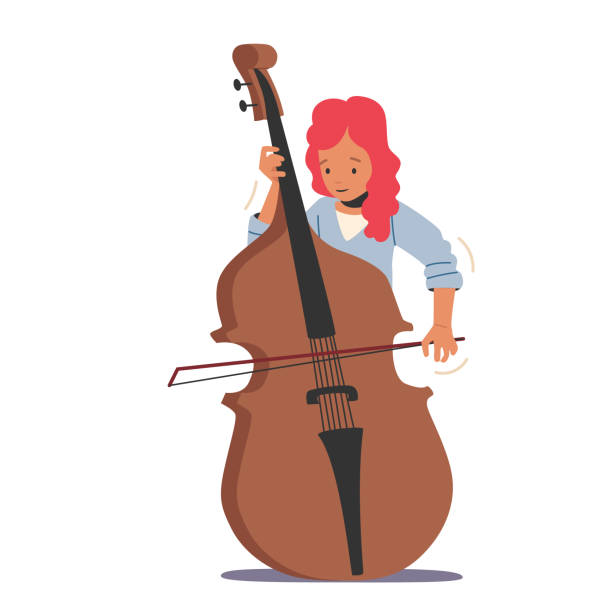 ilustrações, clipart, desenhos animados e ícones de músico girl to play contrabass ou cello string instrument perform on stage with classic music concert, performance - musical instrument string illustrations