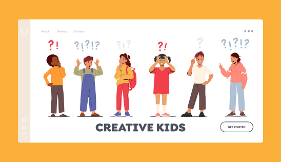 Creative Kids Landing Page Template. Children Asking Questions, Searching Information, Schoolgirls and Schoolboys Characters Searching Solution, Students Idea, Curiosity. Cartoon Vector Illustration