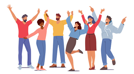 Multinational Happy People Raising and Waving Hands, Young Male and Female Characters in Casual Clothes Greeting Gesturing, Positive Friendly Gestures, Body Language. Cartoon Vector Illustration