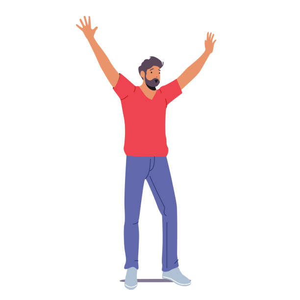 Adult Bearded Man in Casual Clothes Waving Hands in Greeting or Welcome Gesture. Happy Male Character Adult Bearded Man in Casual Clothes Waving Hands in Greeting or Welcome Gesture. Happy Male Character Wearing Red T-shirt and Jeans Isolated on White Background. Cartoon People Vector Illustration pics of the man waving stock illustrations