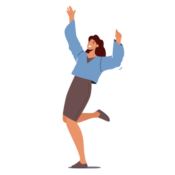 손을 흔들거나 점프하거나 춤을 추는 여자는 성공, 행복 또는 승리를 축하합니다. 팔을 들어 올린 여성 캐릭터 - jumping business women dancing stock illustrations