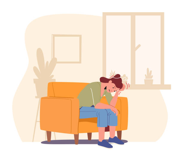 Female Character Feeling Head Ache, Woman Sitting on Armchair with Strong Pain. Health Problem, Disease Symptoms Female Character Feeling Head Ache, Woman Sitting on Armchair with Strong Pain. Health Problem, Disease Symptoms and Body Sickness. Result of Stress or Booze. Cartoon People Vector Illustration painfully stock illustrations