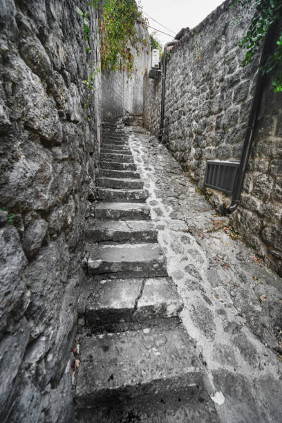 Ancient Venetian architecture of stone buildings, in the small idyllic village along the Bay of Kotor.