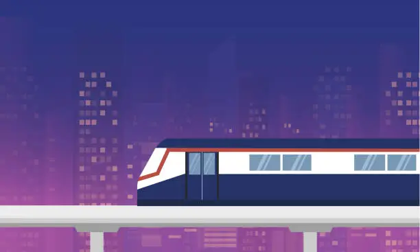 Vector illustration of BTS Sky train in cityscape buildings at night vector Illustration. Transportation concept