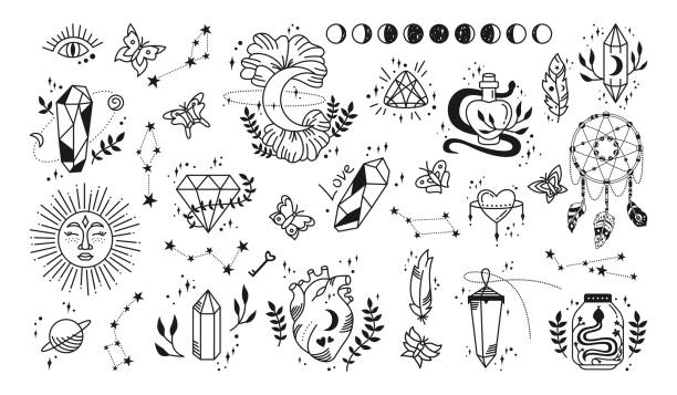 Mystic and astrology witch magic symbol doodle esoteric boho elements tattoo Mystic and astrology, witch magic symbols doodle set. Esoteric, boho hand drawn elements, magic witchcraft crystal, moon star icon, dreamcatcher sign. For tattoo, sticker, print fantasy occult vector simple snake tattoo drawings stock illustrations