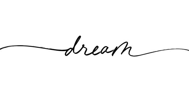 Dream word, hand written vector lettering with swashes. Dream word, hand written vector lettering with swashes. Hand drawn black line calligraphy isolated on white background. Positive and inspirational quote. Pen line vector calligraphy. Greeting card dreaming stock illustrations