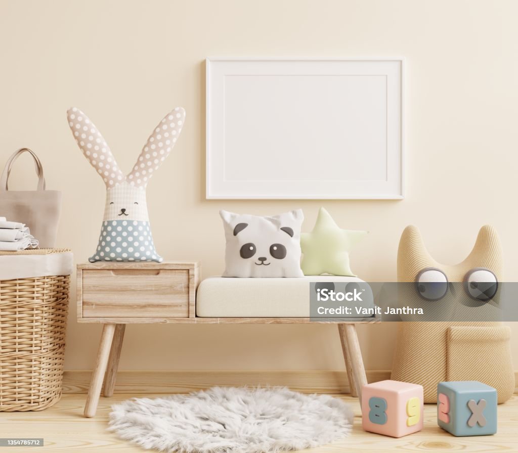 Mockup frame poster in the children's room, bedroom interior on wall white color background. Mockup frame poster in the children's room, bedroom interior on wall white color background.3D Rendering Playroom Stock Photo