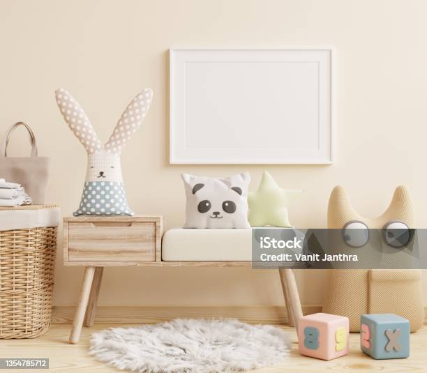 Mockup Frame Poster In The Childrens Room Bedroom Interior On Wall White Color Background Stock Photo - Download Image Now