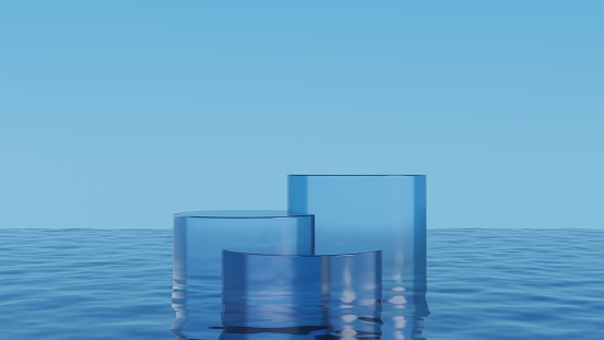 3d cylinder glass podium stage on sea water.Blue ocean and sky background.3d rendering illustration.