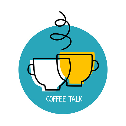Coffee talk. Business meeting icon. Conversation over cup of tea symbol. Two mugs of coffee and steam. Vector illustration