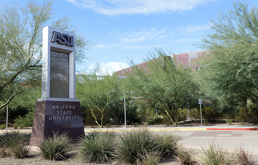 Tempe, AZ, USA - November 2, 2021: An entrance to Arizona State University in Tempe, Arizona. Arizona State University is a public research university located in the Phoenix metropolitan area.