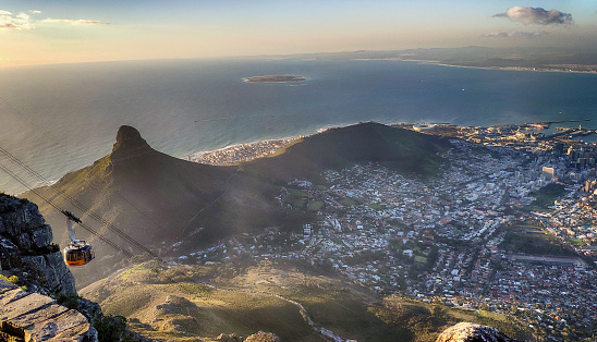 Aerial view for Cable Car and Cape Town City from Table Mountain in South Africa