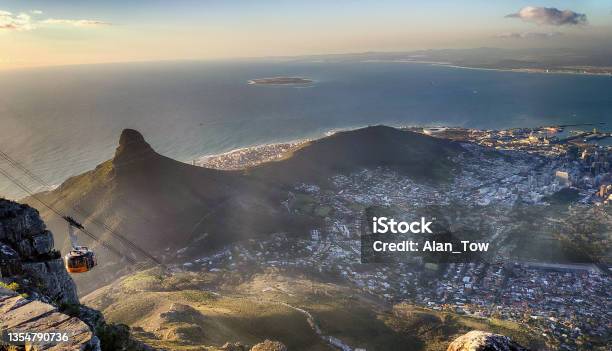 Aerial View For Cable Car And Cape Town City From Table Mountain In South Africa Stock Photo - Download Image Now