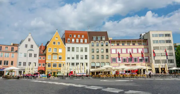 Historic colorful buildings in the city centre of Augsburg, Bavaria, Germany.