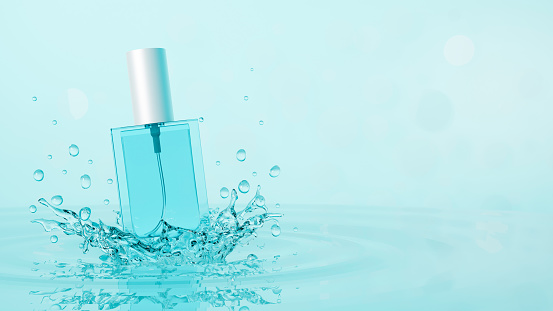 Perfume spray bottle mockup with water splash on blue background with copy space. fresh and clean, unisex fragrance. 3d rendering, 3d illustration