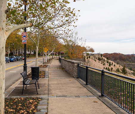 Pittsburgh, Pennsylvania, USA November 20, 2021 A tree lined sidewalk next to Parkview Boulevard in the Summerset neighborhood on a fall day