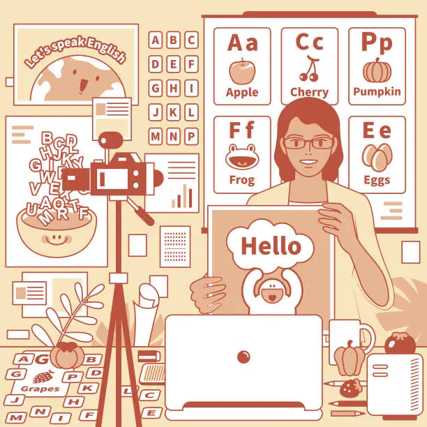 Vector illustration of Young female teacher (tutor) is remotely teaching English (online class) using laptop and camera and whiteboard at home (classroom), e-learning and telecommuting concept