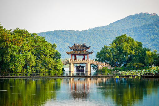 Landscape of Yudai bridge,is very famous pavilion bridge,located in west lake(Xihu),Hangzhou,Zhejiang,China