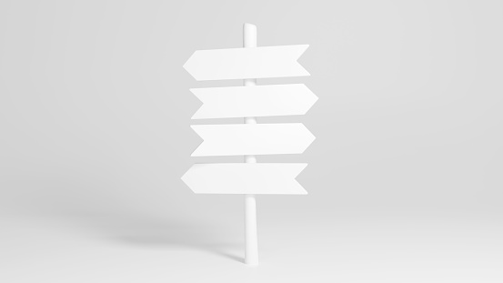 White signpost with four left and right arrows. 3D rendered mockup