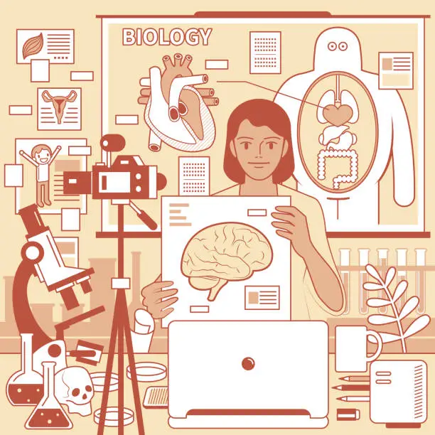 Vector illustration of Young female teacher (Scientist, Biologist) is remotely teaching biology (online class and scientific experiment) using laptop and camera and whiteboard at laboratory (classroom), e-learning and telecommuting concept