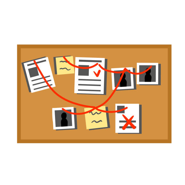 istock Board with papers, photos and documents and red thread or rope. Decoration for investigation and detective. Deduction and logical thinking. Flat cartoon 1354803006
