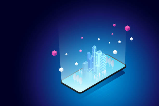 Virtual city on tablet and background blue. Virtual city on tablet Experience Metaverse, the limitless virtual reality technology. isometric vector illustration. meta description stock illustrations