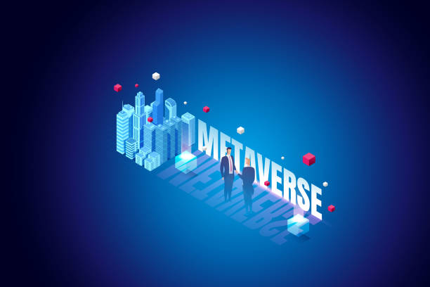 Business people shaking hands on metaverse background and city. Businessman agrees to buy land in a virtual world. Experience Metaverse, the limitless virtual reality technology. isometric vector illustration. metaverse stock illustrations