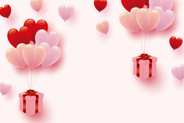 istock Illustration of pink heart balloons and gift box 1354803969