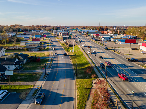 Aerial view of Radcliff, KY looking north on 31W, South Dixie Avenue, and North Wilson Road.  Shot in the evening during the fall time of the year.