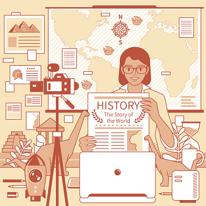Vector line art illustration.
A young female teacher is remotely teaching History (online class) using a laptop and camera and whiteboard (world map) at home (classroom), e-learning, and telecommuting concept.