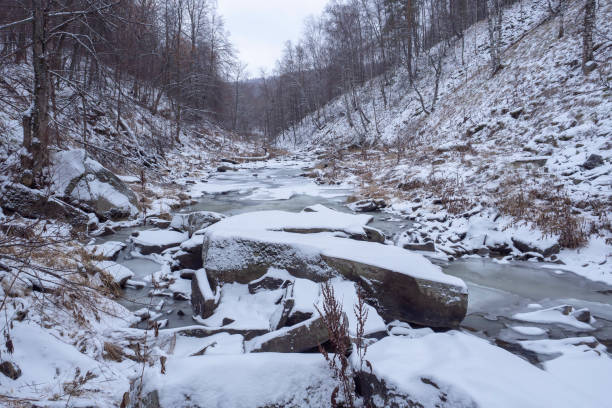 istock Mountain river in winter. Mountain gorge covered with white snow. Winter landscape. 1354805156
