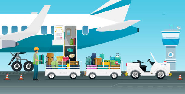 ciężarówka bagażowa na lotnisku. - luggage cart airport luggage cargo container stock illustrations