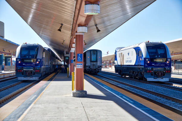 Los Angeles Union Station's morning time - Amtrak Pacific Surfliner and Southwest Chief Trains Los Angeles, California, USA - November 21, 2021: Los Angeles Union Station's morning time - Amtrak Pacific Surfliner and Southwest Chief trains. Amtrak stock pictures, royalty-free photos & images