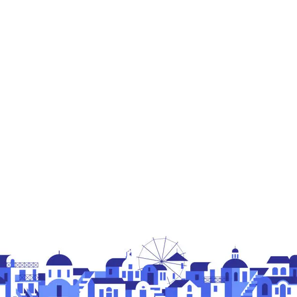 Vector illustration of Horizontal seamless border with blue-white houses, church, steps. Vector template in flat style for touristic industry