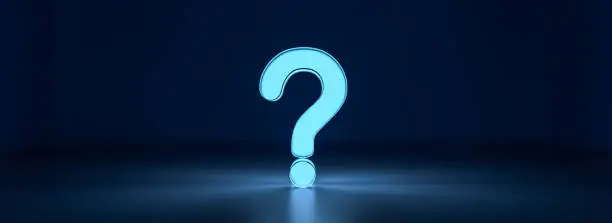Photo of Blue glowing question mark on dark background with empty copy space