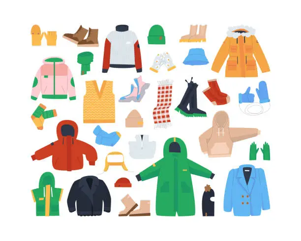 Vector illustration of Large set of winter clothes. Jackets, shoes and accessories on white background.