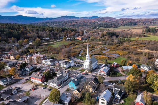 aerial view of charming town stowe in vermont. mount mansfield and spruce peak - town rural scene road new england imagens e fotografias de stock