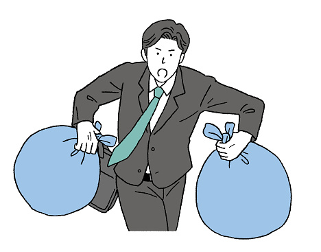 Simple Touch Illustration of a businessman taking out the trash in a hurry