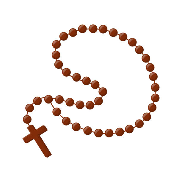 brązowe drewniane katolickie paciorki różańca, symbole religijne, naszyjnik różańcowy, symbol modlitewny, różaniec z koralików. ilustracja wektorowa - rosary beads bible prayer beads catholicism stock illustrations