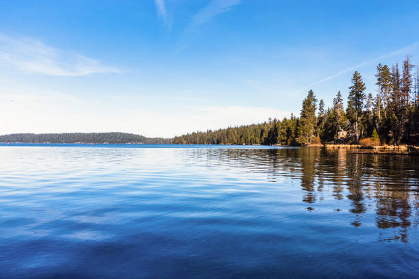 istock Blue lake with Treeline and Cabin 1354817385