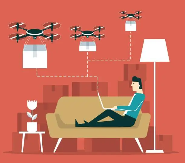 Vector illustration of Businessman - Quadcopter Remote Freight Shipping